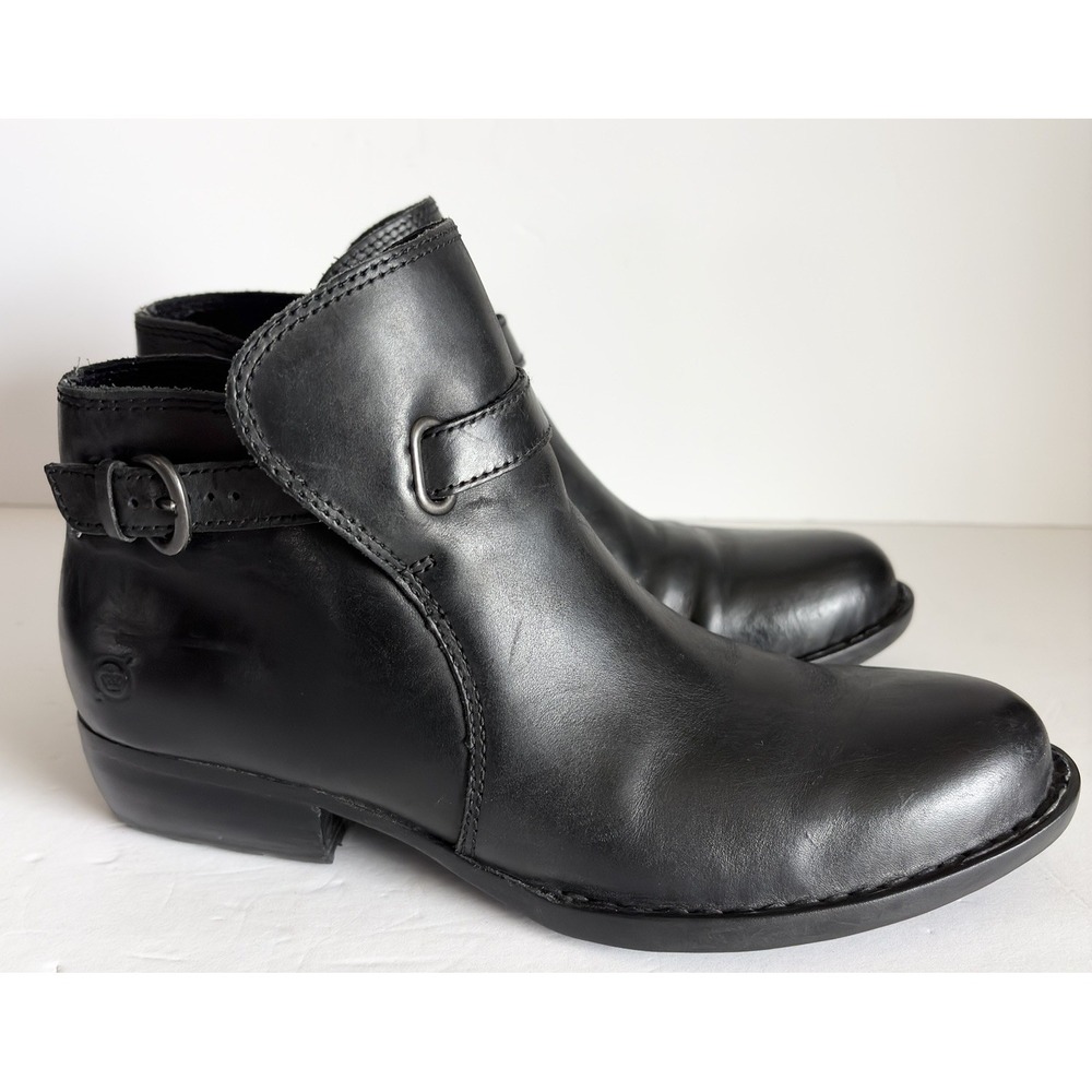 Born Women 7 Kristina Black Leather Buckle Side Zip Ankle Booties Boots Biker